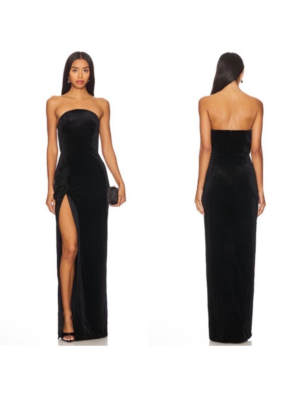 Amanda Uprichard Black Strapless Velvet Gown with High Slit